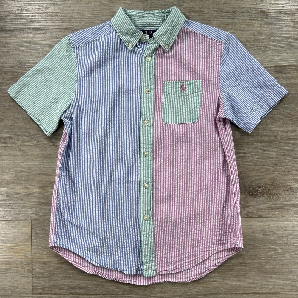 Polo Ralph Lauren Boys Youth M(10-12)  Colorblock‎ Seersucker S/S Button Down